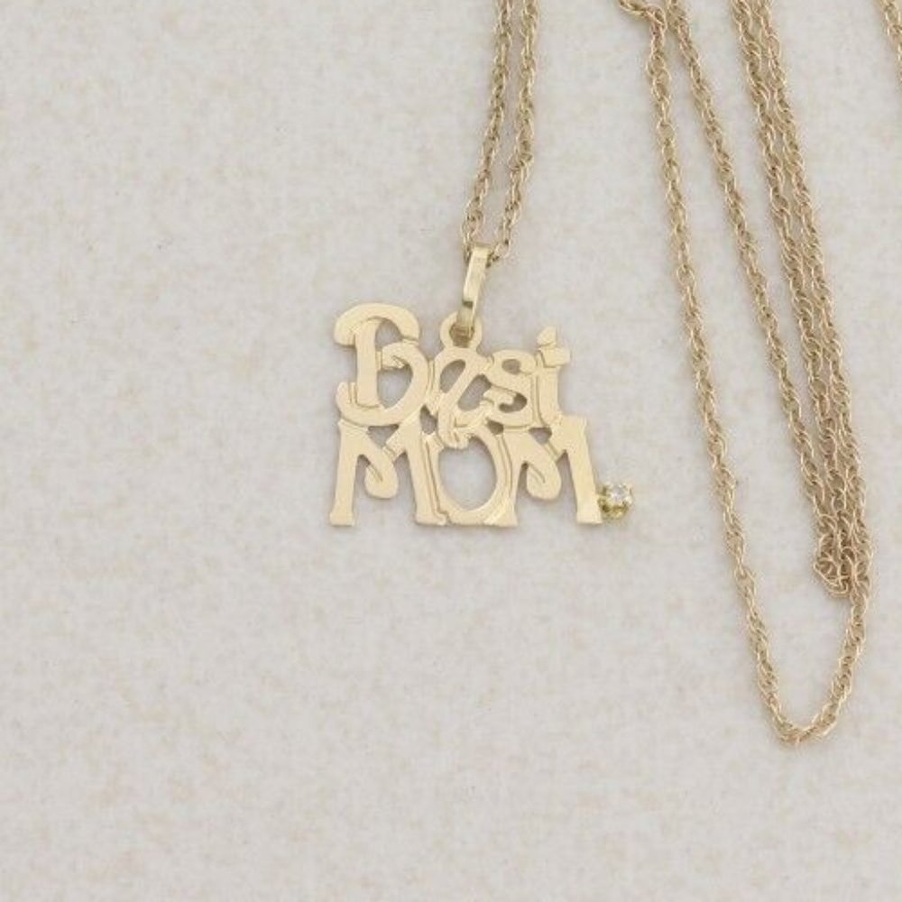 14k Yellow Gold Best Mom Diamond Necklace 18" Chain
